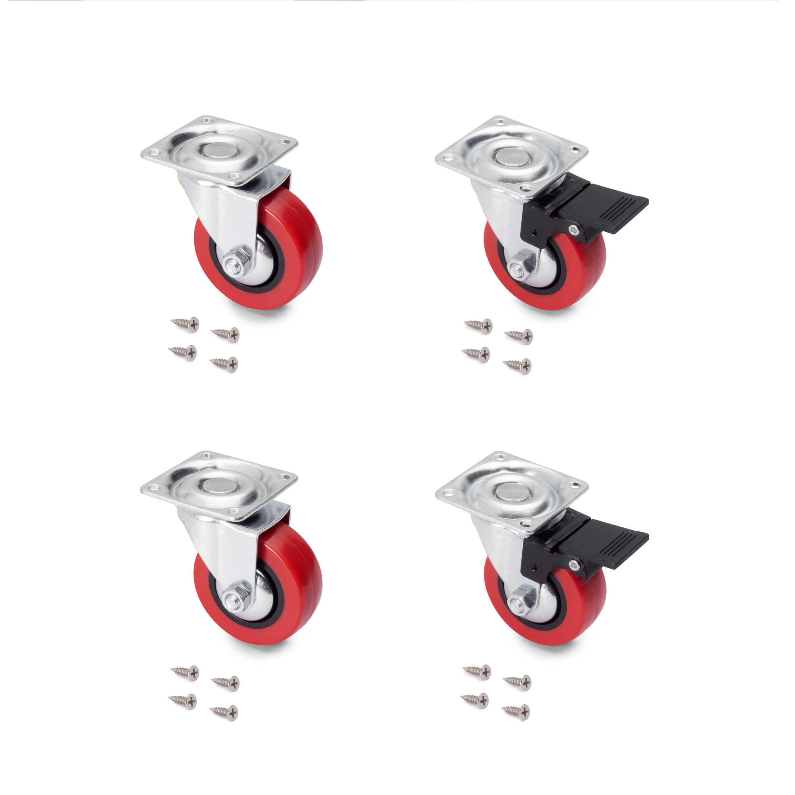 Emuca Red - Castors Kit With Plate-Mounted, Ø50mm (1,96 Inch), 2 With Brake And 2 Without Brake, Steel And Plastic