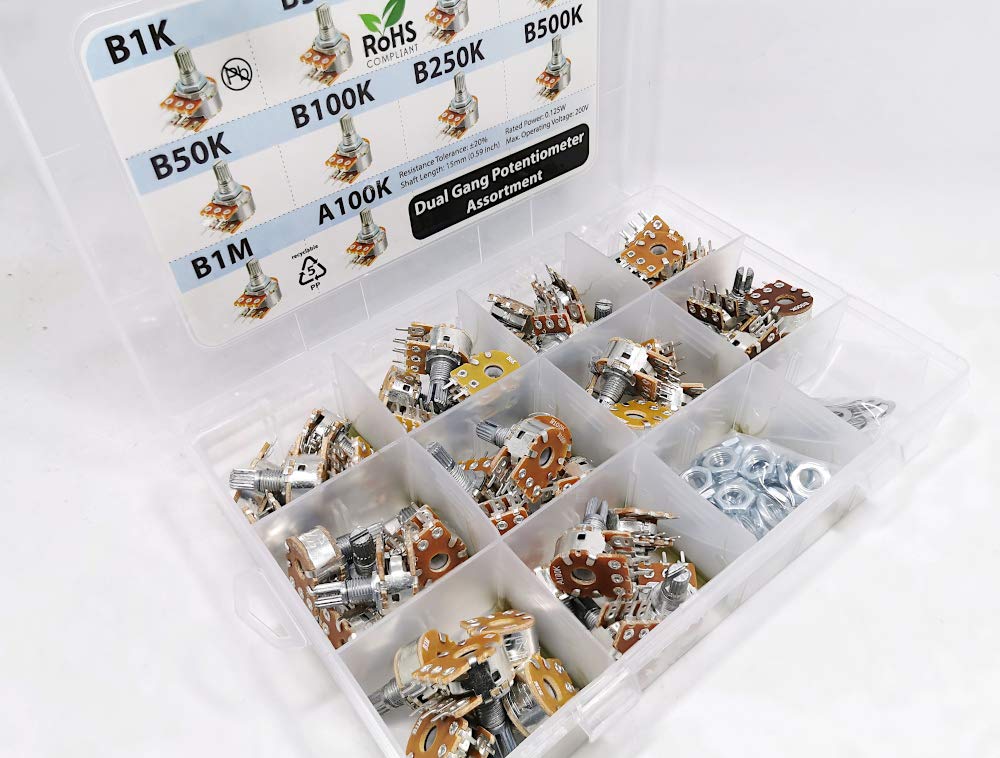 50 pcs Dual Gang Stereo 6-pin Potentiometer Assortment 1k 5k 10k 20k 50k 100k 250k 500k 1M A100k