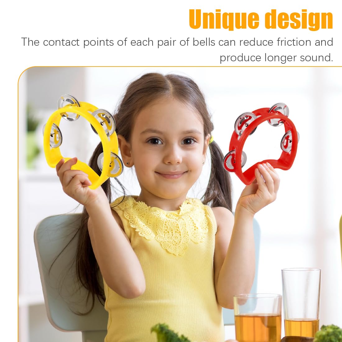 Tamburello A Mezzaluna Norhogo Per Bambini E Adulti - Percussione In Plastica Con Campane, Rosso/giallo - Foto 9