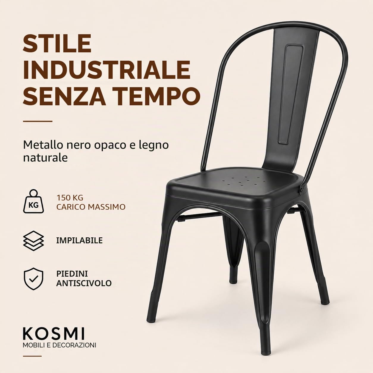 Kosmi Set 4 Sedie Industriali in Metallo Nero Opaco – Sedie Impilabili per Sala da Pranzo, Cucina, Soggiorno, Ufficio e Ristorante – Struttura in Acciaio Robusta – Portata 120 kg