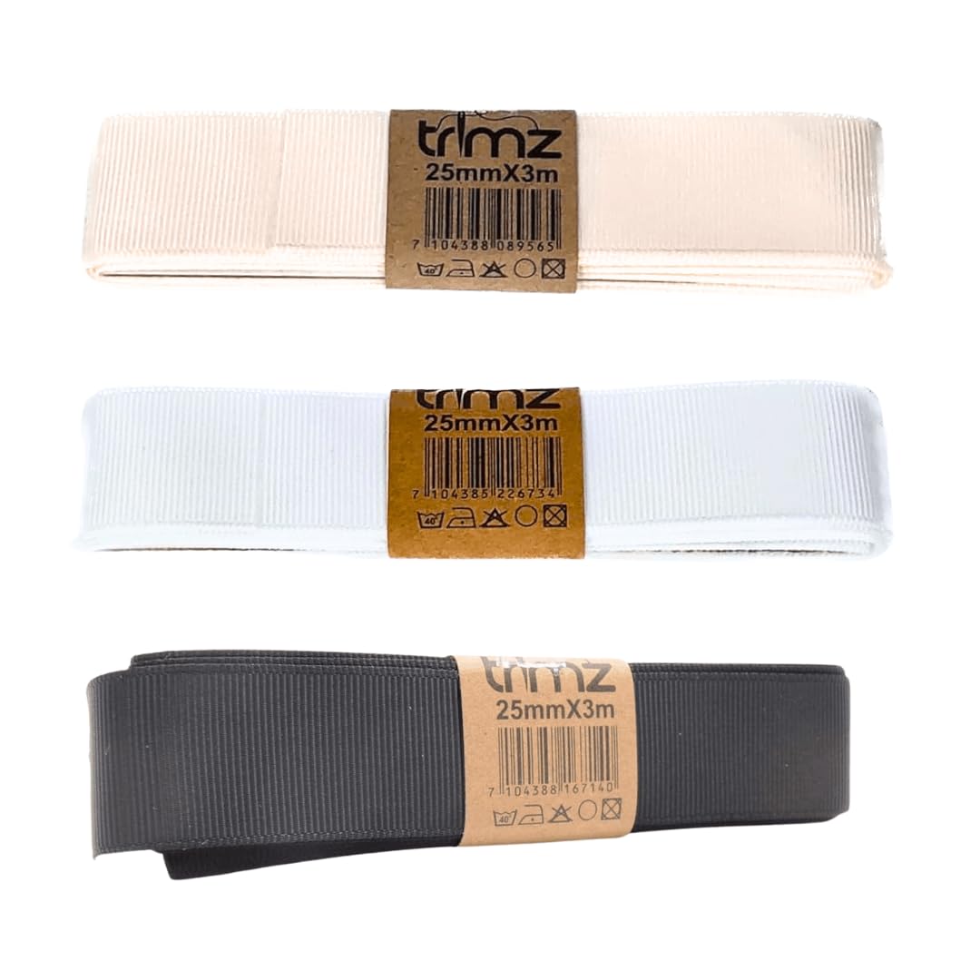 Trimz Grosgrain Ribbon Neutral Essentials - 25mm x 3m Wraps - Black, White, Ivory