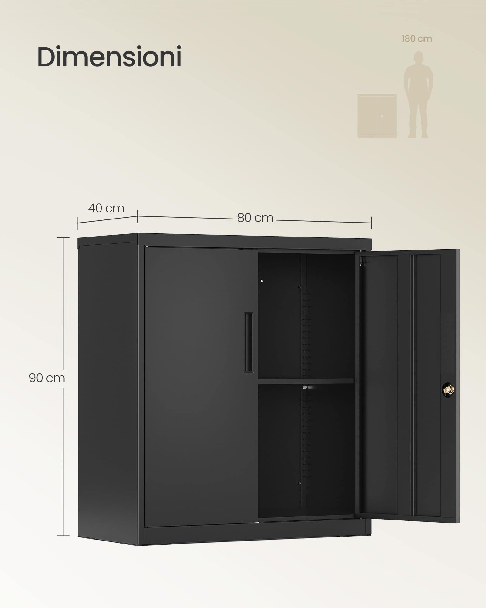 SONGMICS Armadio Portadocumenti, Armadietto in Metallo, Mobile da Ufficio con Chiusura, 2 Ante, Acciaio, 80 x 40 x 90 cm, Ripiano Regolabile, Nero Opaco OMC019BD01