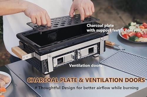 Miniatura 7 de Parrilla Hibachi de carbón con elevador de rejilla, parrilla Yakitori portátil con rejilla de acero inoxidable, estufa de barbacoa para acampar al
