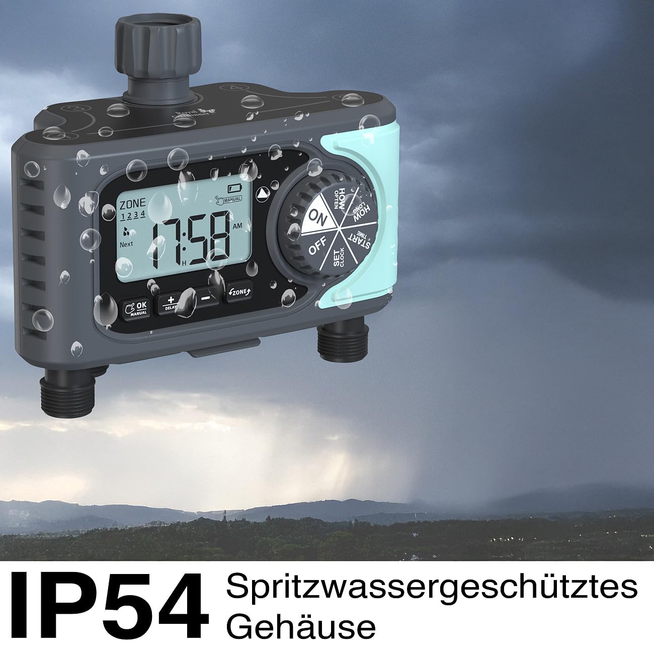 Royal Gardineer Garten-Wassercomputer: Digitaler Bewässerungscomputer mit Display, 4 Zonen, programmierbar (Gartenbewässerung Computer, Schlauch-Ventile elektrisch, Automat)