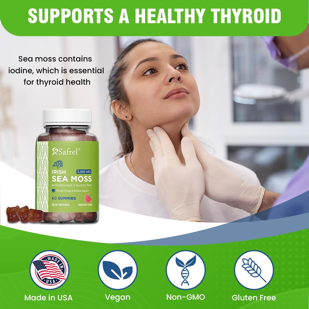 Safrel Irish Sea Moss Gummies 3000mg with Bladderwrack and Burdock Root, Thyroid Energy and Immune Support, Vegan Raspberry Flavor, 60 Gummies — Amazon image 6