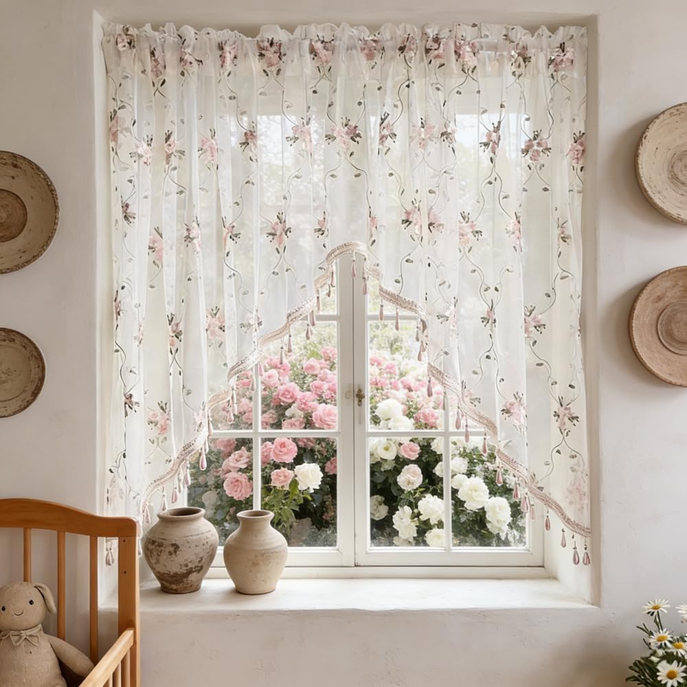 2PC Victorian Style Floral Sheer Swag Curtain Valance for Arched Door,Pink Embroidered Window Treatment with Beaded Trim, Scalloped Kitchen Living Room Drapes Rod Pocket (79Wx35L inch)