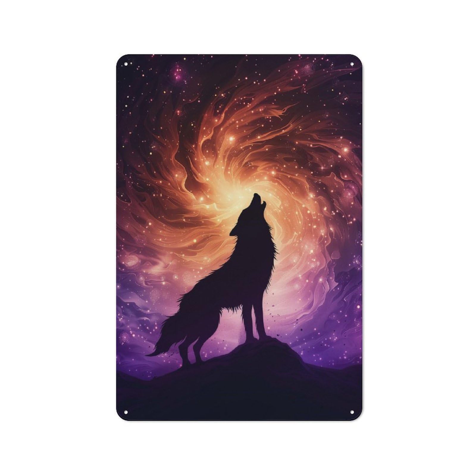 Junmoney Wolf Howling At Cosmic Vortex Sky Vintage Tin Sign 30X20cm, Old Fashioned Nostalgic Wall Art For Bedroom, Office, Home Bar Or Dining Room
