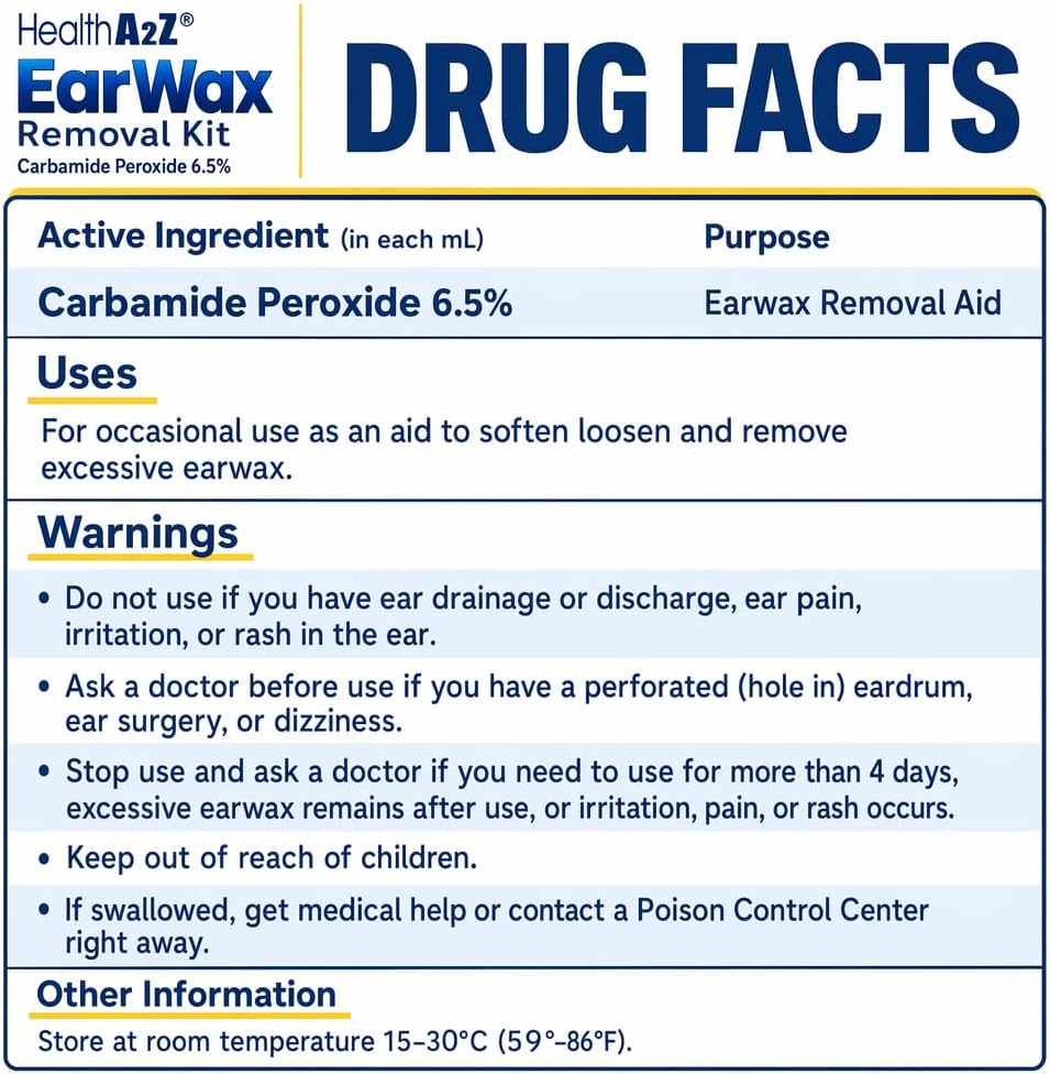 HealthA2Z® Ear Wax Removal Kit, Carbamide Peroxide 6.5%, Rubber Bulb & Dropper, 0.5 fl oz (15mL)