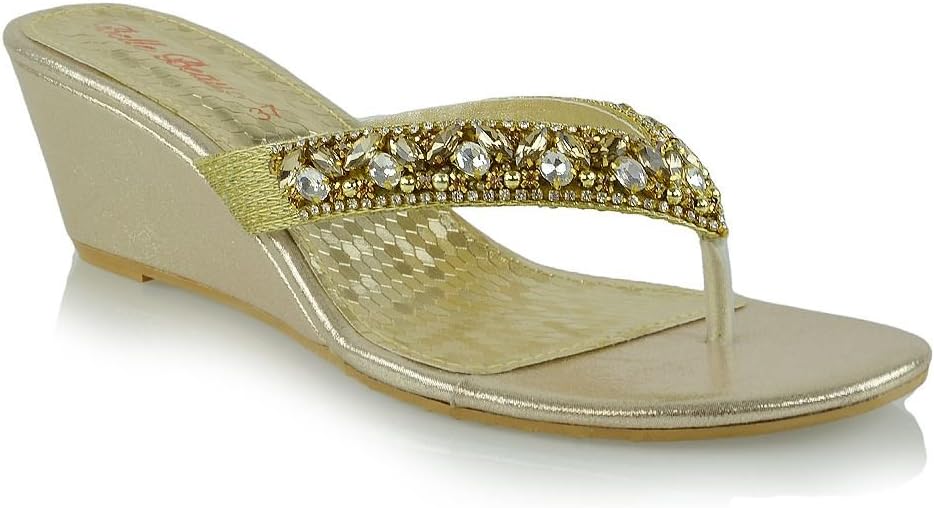 ESSEX GLAMWomens Low Wedge Heel Toe Post Diamante Sandals Ladies Sparkly Flip Flops 3-8