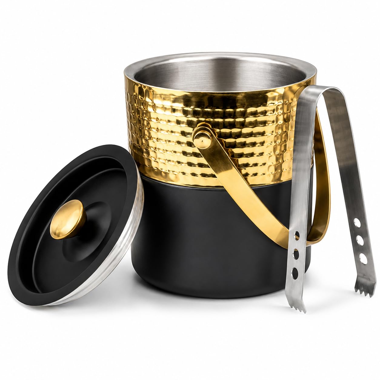 Siya Premium Stainless Steel Ice Bucket with Lid & Tongs | Hammered Gold Finish with Matte Black Base | Insulated Ice Holder for Bar, Party & Home Use-image-17