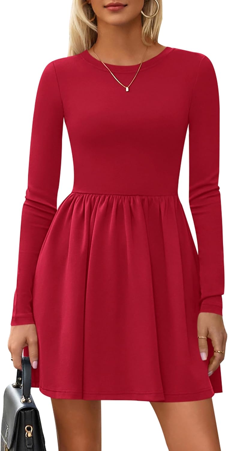 PRETTYGARDEN Women's Long Sleeve Mini Dresses 2026 Spring Casual Pleated A Line Party Cocktail Short Babydoll Dress Pocket