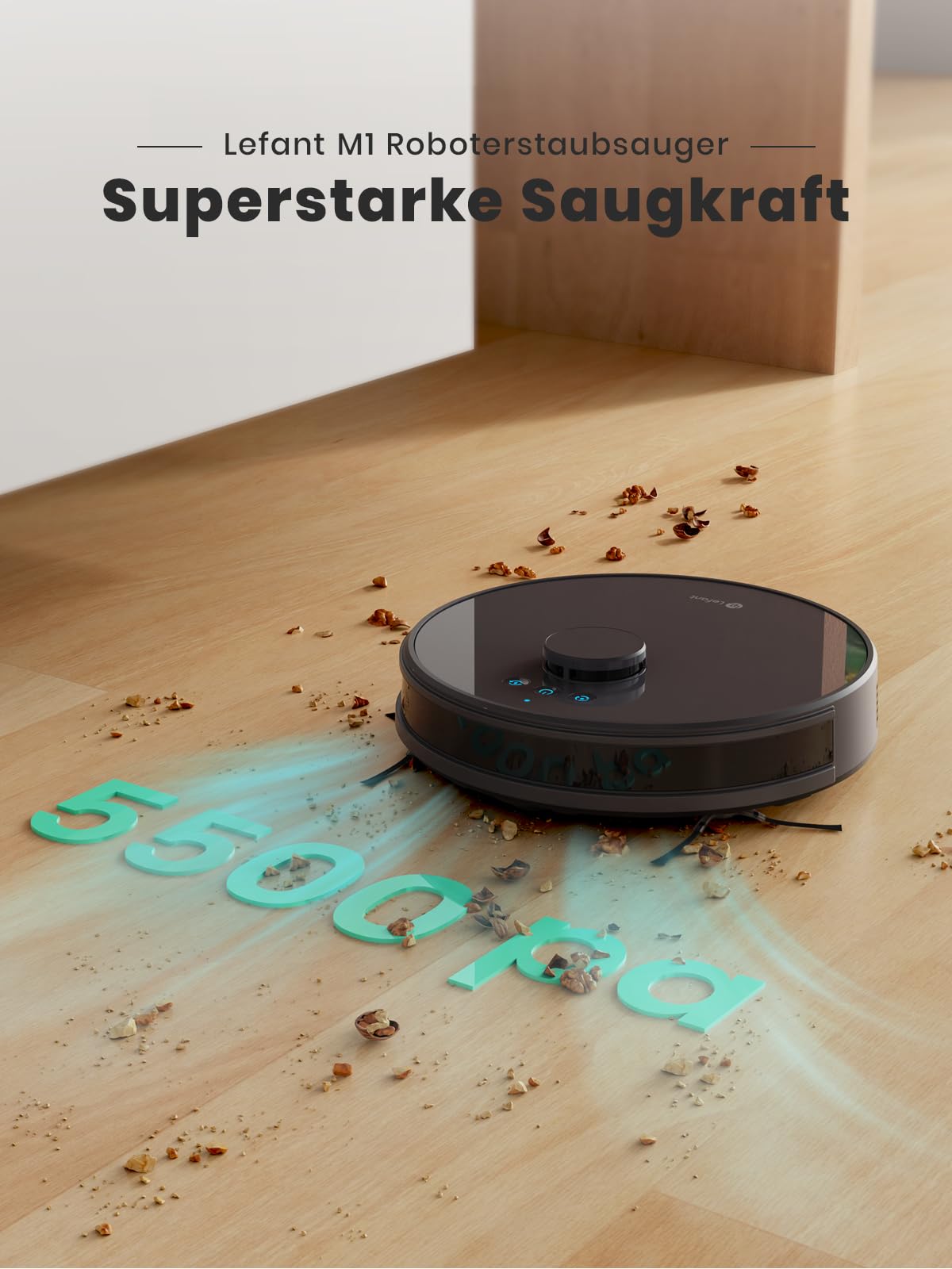 Lefant M1 Staubsauger Roboter mit 8 No-Go-Zonen, Laser Navigation, Saugroboter mit Wischfunktion Selbstaufladend 5500Pa, für Tierhaare und Hartböden, App-/Alexa-Steuerung