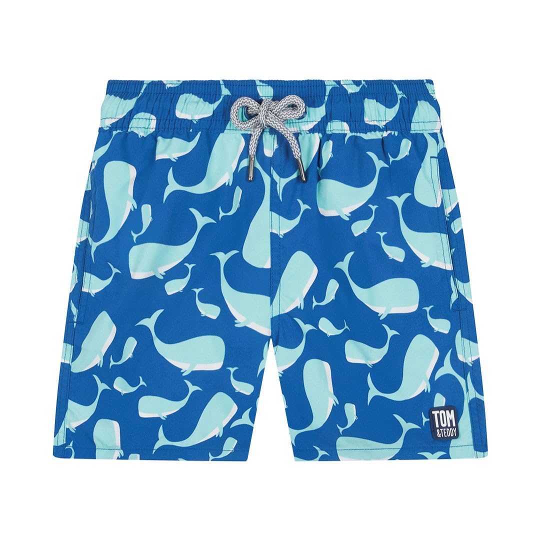 Tom & Teddy Navy & Aqua Whales Short de Bain, Bleu, 7-8 Ans Garçon