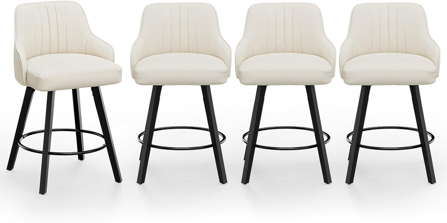 VINGLI 26" H Swivel Barstools Set of 2, Linen Fabric Upholstered Counter Stool with Back, Kitchen High Chairs Counter Height Bar stools with Cushion, Solid Wood Legs, Beige