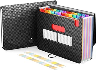 24 Pockets Expandable Accordion File Organizer, Expanding File Folders, Portable Rainbow Plastic Filing Box with Colored Labels for School Work Family Project Office Personal Document