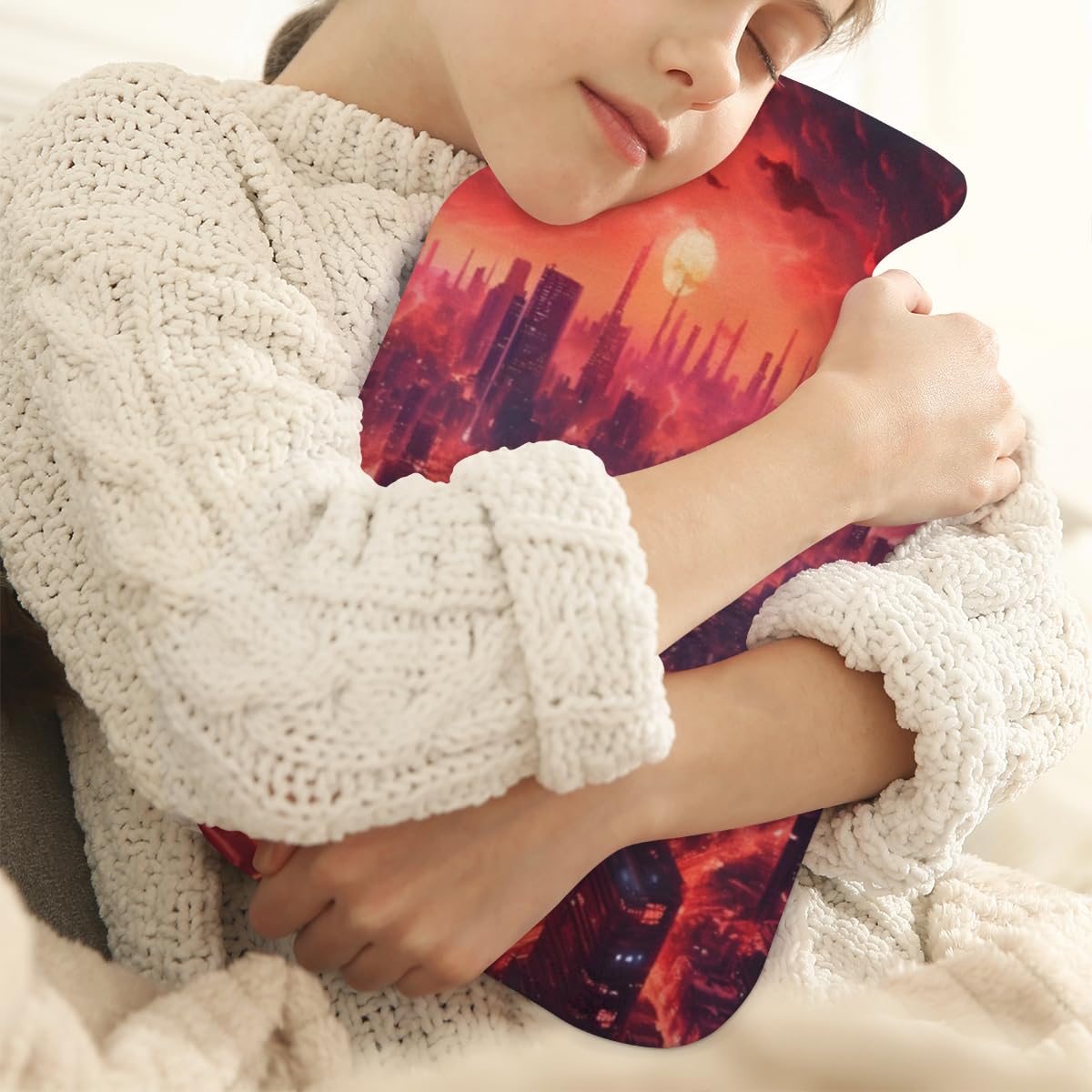 Hot Water Bottle with Soft Cover,2L Modern City Hot Water Bag for Hot and Cold Compress, Hand Feet Warmer, Sunset City Rubber Hot or Cold Water Bottle Halloween Christmas Decorations