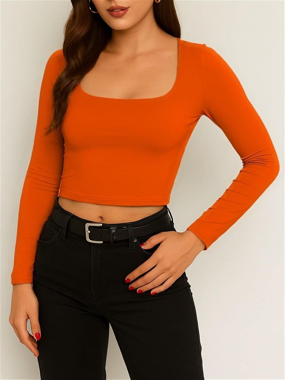 ForeFair Womens Square Neck Long Sleeve Crop Top Basic Going Out Top Tight Shirts Double Lined Tee - Image 5