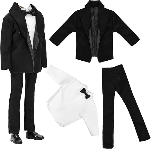 BARWA Ropa de muñeca de 3 piezas, traje de esmoquin negro con corbata camisa blanca, pantalones y chaqueta para muñeca de niño de 12 pulgadas