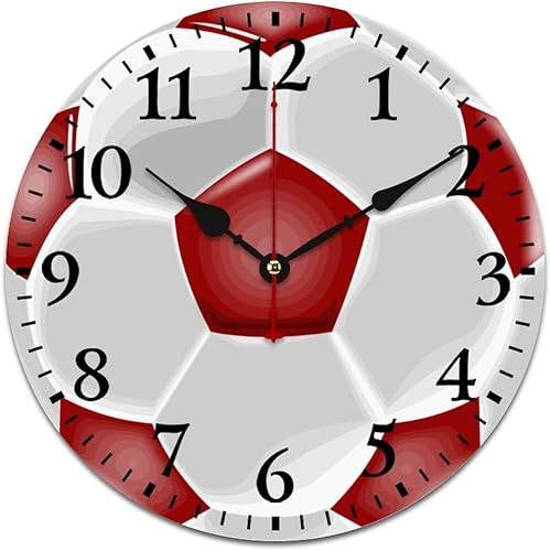 Reloj de pared rojo y blanco, deportivo, para adolescentes, niños, niñas, sala redonda, reloj de pared decorativo, silencioso, sin tictac, pelota de
