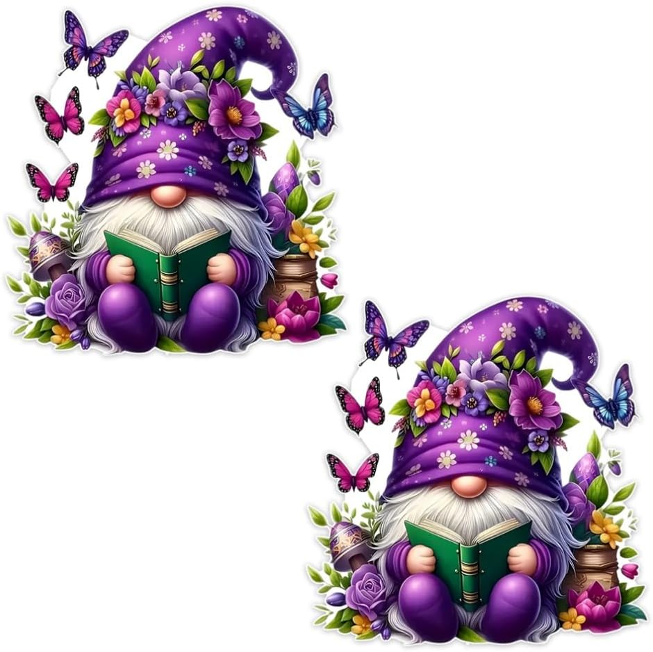 2pcs Bright Purple Gnome with Butterfly Car Sticker, 5.12''x5.12'' Fun Waterproof Sticker for Cars, Trucks, Motorcycles, Walls, Windows, Weatherproof PVC Material | CZ122 - Image 2