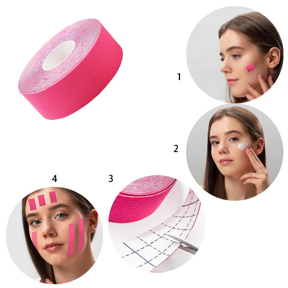4 Piezas Cinta Kinesiologica Facial Cinta de Estiramiento Facial Parches Antiarrugas para Reafirmar Piel y Restaurar Elasticidad 2.5cm x 5m