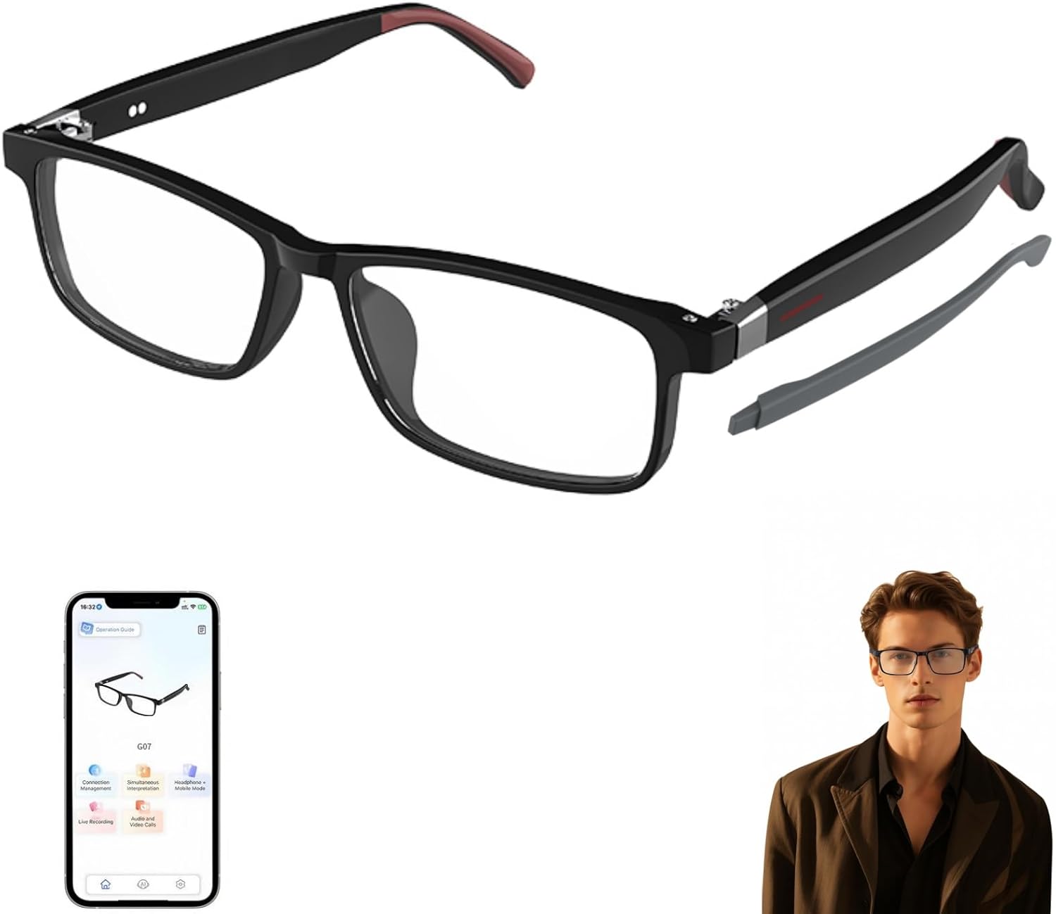 AI Glasses for Men Women Powered by ChatGPT, Bluetooth Smart Glasses with AI Translation(165+ Language), AI Noise Cancellation Via APP, Blue Light Filtering & Ultra-Slim Detachable Arms for Working