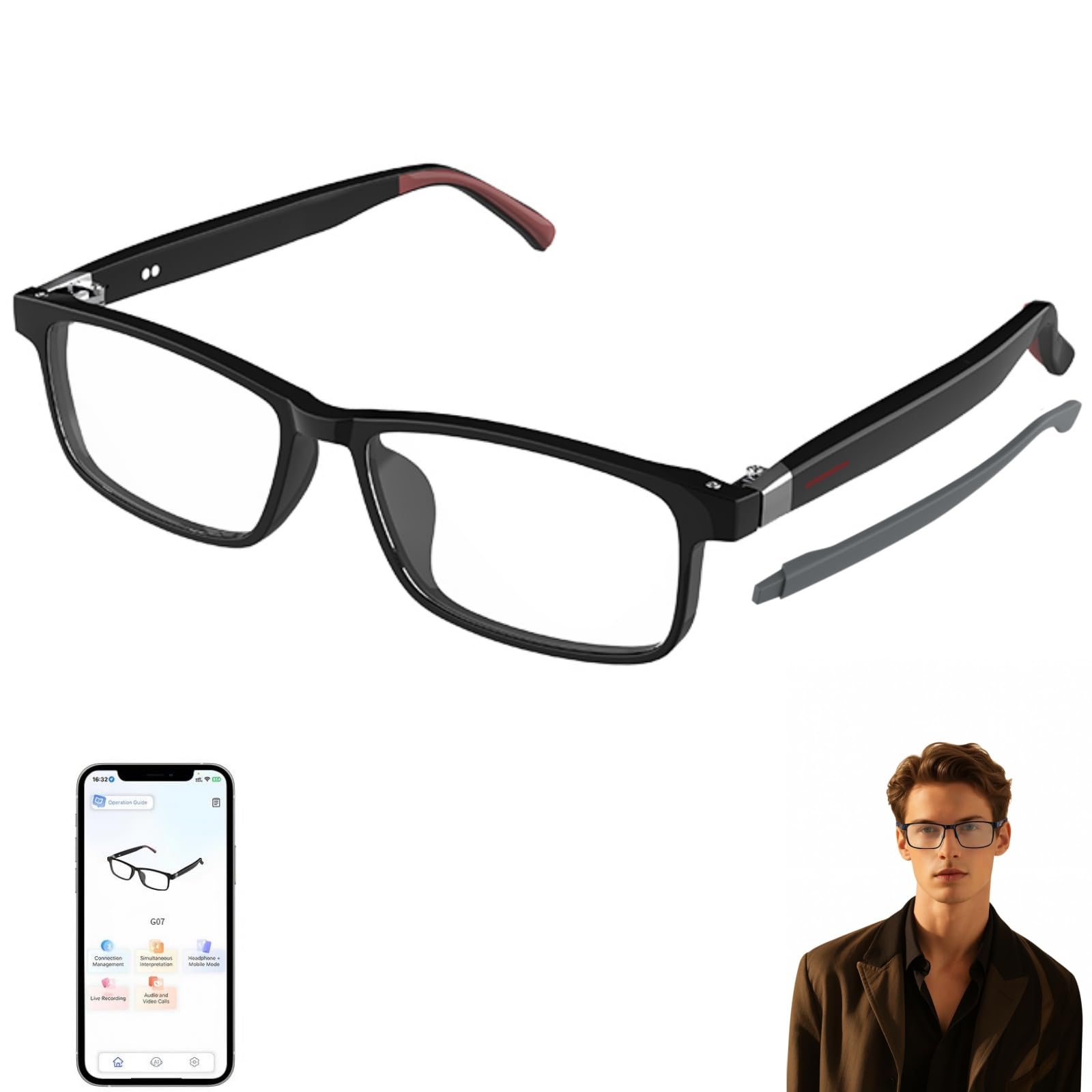 AI Glasses for Men Women Powered by ChatGPT, Bluetooth Smart Glasses with AI Translation(165+ Language), AI Noise Cancellation Via APP, Blue Light