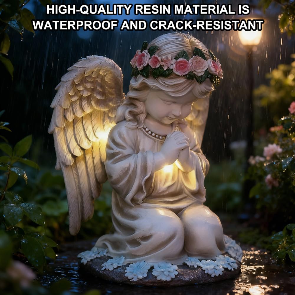 Statue du Jardin des Anges, Lumière Solaire d'ange Priant, Sculpture Ange Gardien avec Lampe LED Solaire, Auto-on, Résistant Aux Intempéries pour Patio, Porche, Cour, Balcon, Cimetière, Tombe - 4