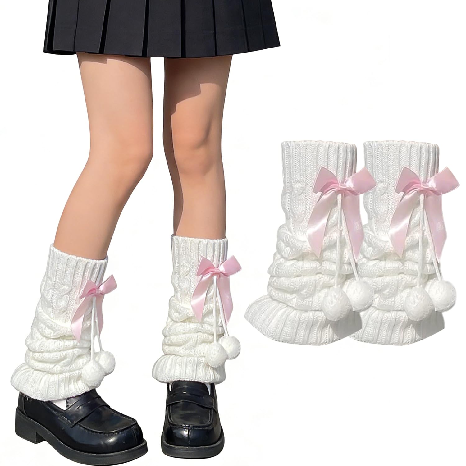 Harajuku Kawaii White Leg Warmers | Pink Bow Ankle Warmer | Fashionable and Versatile Ribbed Leg Warmers Women for Women Girls