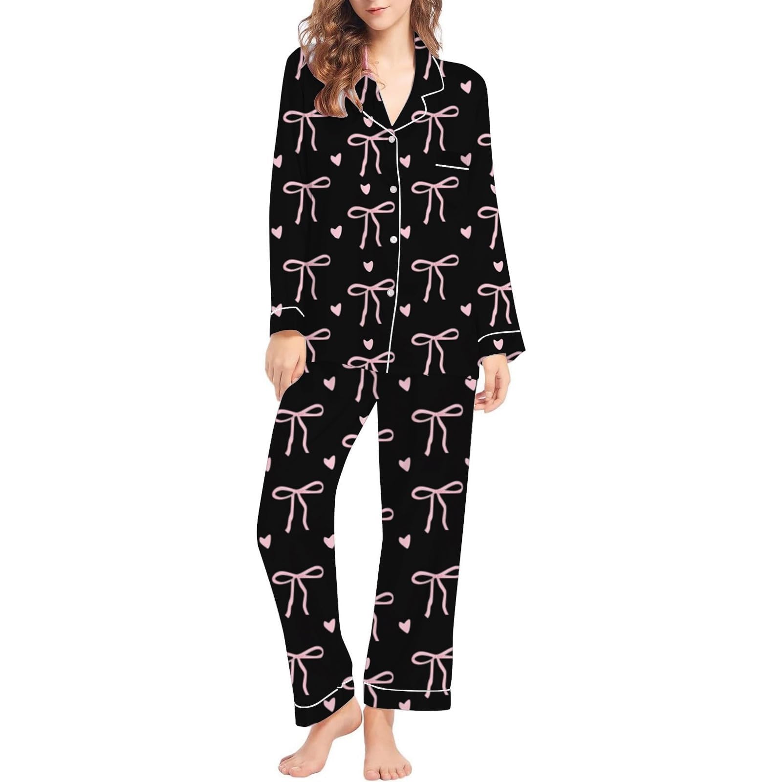 Pajama Sets for Women 2 Piece Outfits Heart Print Long Sleeve Sleepwear and Pants Casual Button Up Pjs Set Loungewear