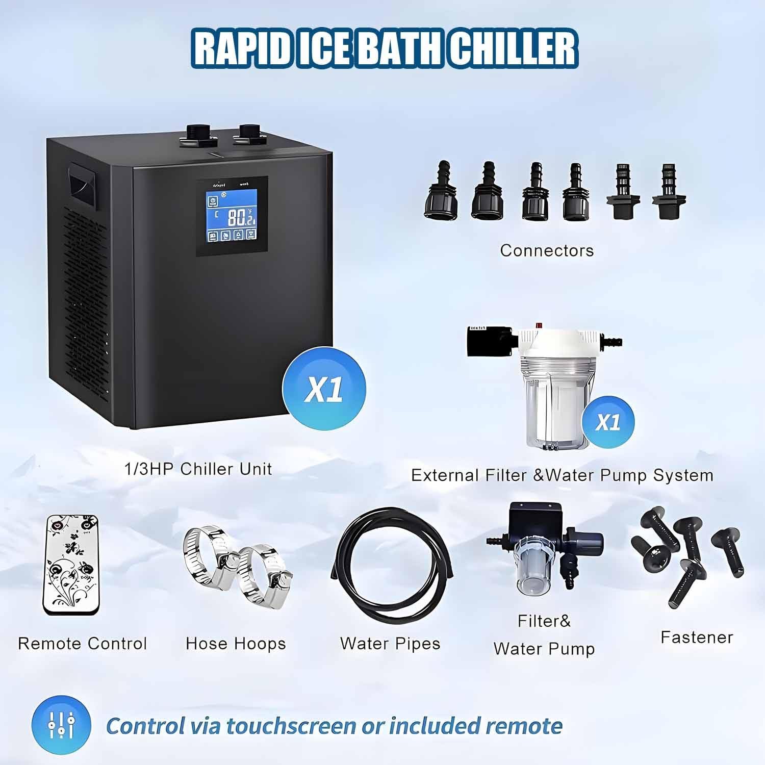 Refrigeratore d'Acqua a Bagno di Ghiaccio da 1/3 di Cavallo, refrigeratore ad Immersione Fredda, raffredda Fino a 4°C, con Telecomando, Filtro Esterno e Pompa sommergibile. Doublewaterpump