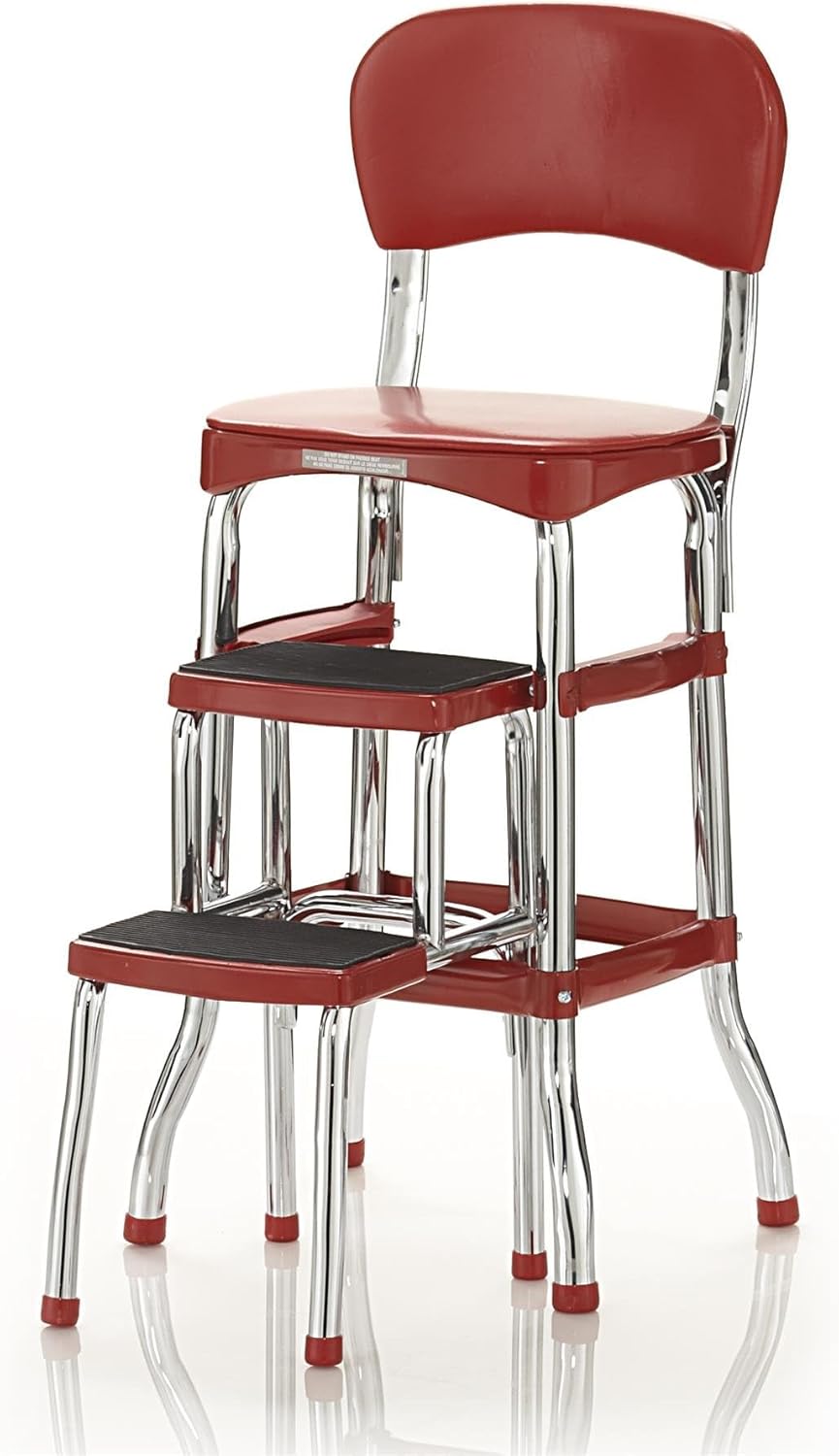 MAKLAINE Retro Counter Stool with Pull Out Step Stool, Red Vinyl Upholstery, Chrome Finish, 2 Steps, 225 lb Weight Capacity, Cushioned Seat, Counter Height for Kitchen or Home Use