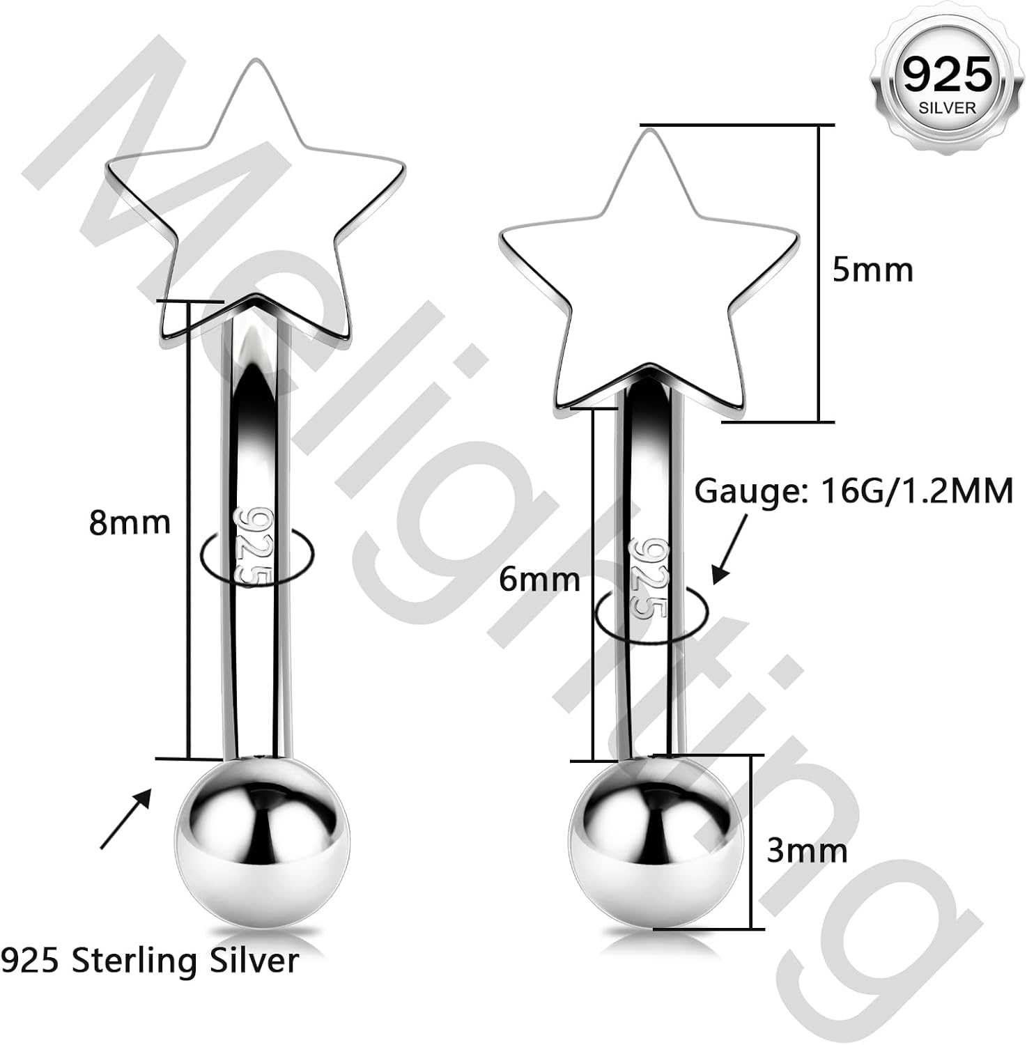Melighting 16G Star Rook Earring Sterling Silver 925 6/8 mm Eyebrow Ring Cartilage Earring Helix Rook Piercing Jewelry for Women - Image 6