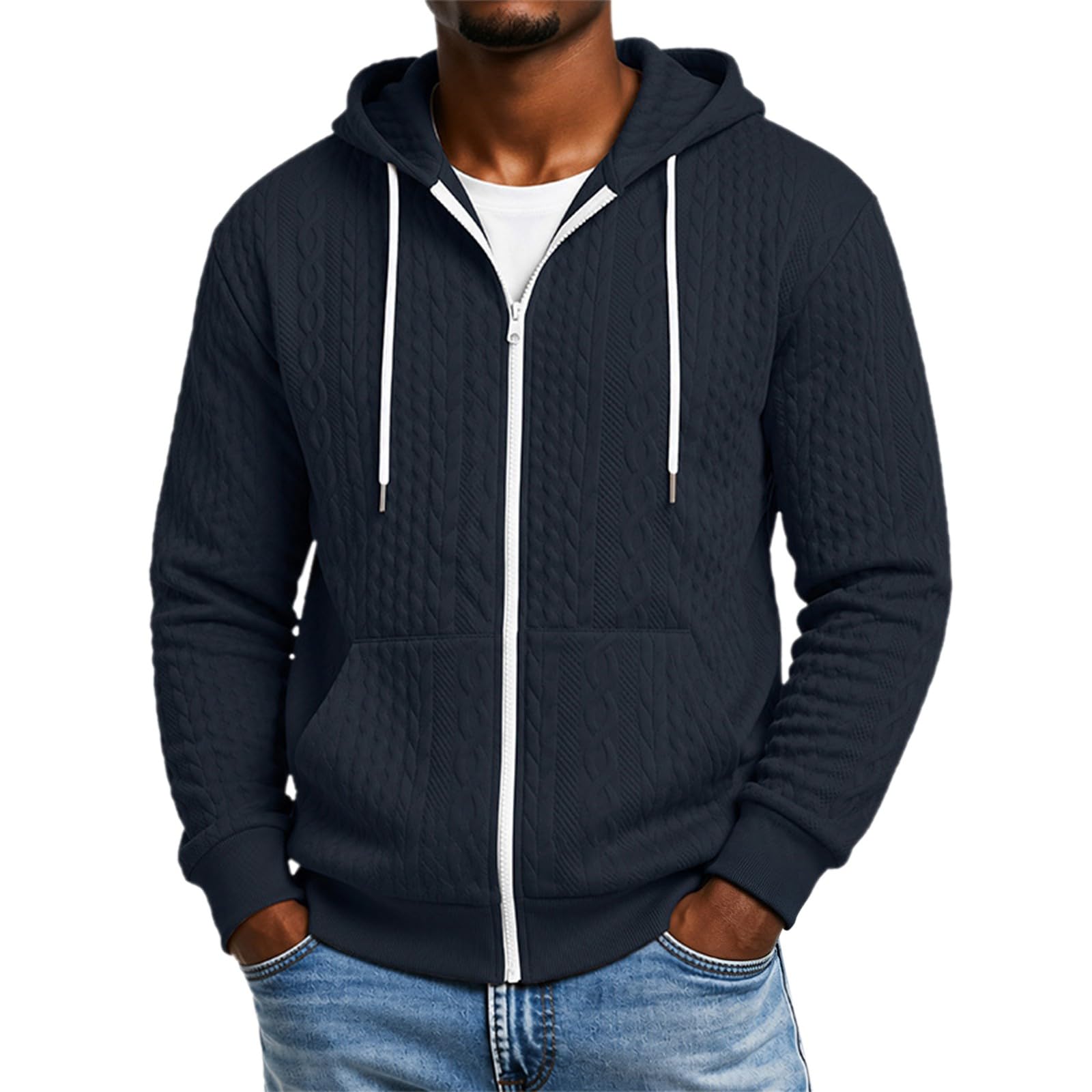 DENGJIAMY Sweat à capuche texturé à fermeture éclair intégrale pour homme