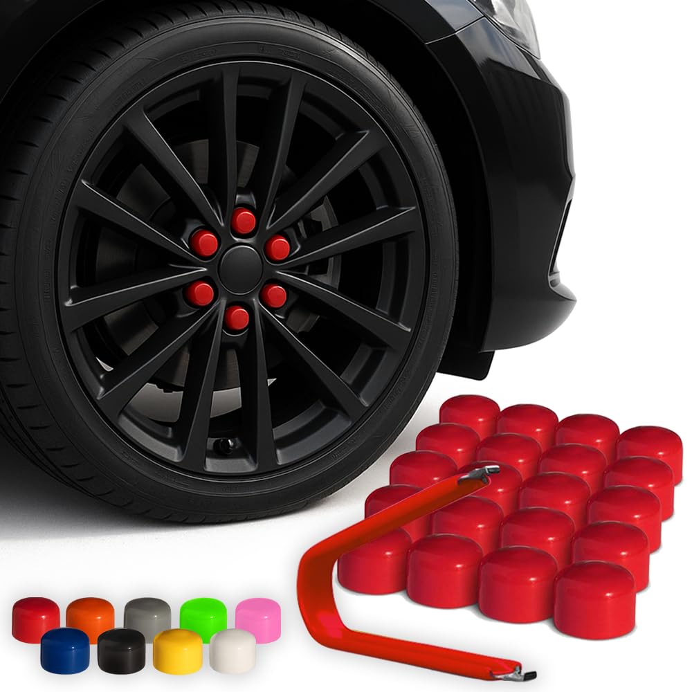 Automotivated Aftermarket ColorLugs Vinyl BoltCap Cover | Red | Flexible Fit Bolt Lug Nut Cap | Fits 17 mm | Pack of 25 | Includes Deluxe Extractor |