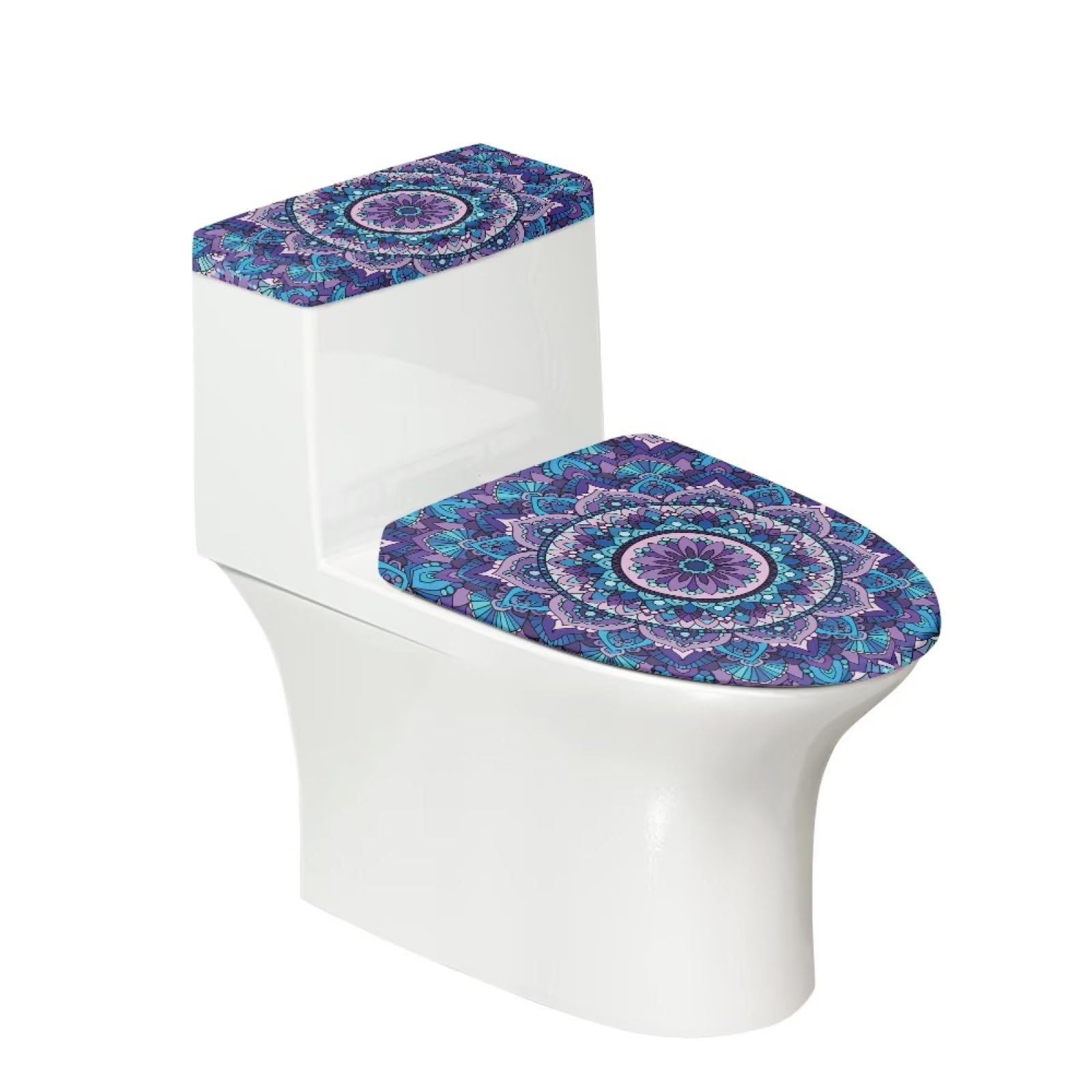 chaqlin Mandala Lotus Toilet Lid Cover Set for Bathroom,Set of 2 Pcs Purple Lotus Print Stretch Toilet Seat Lid Cover Tank Lid Pads Bathroom Accessories,Fit for Most Round Elongated