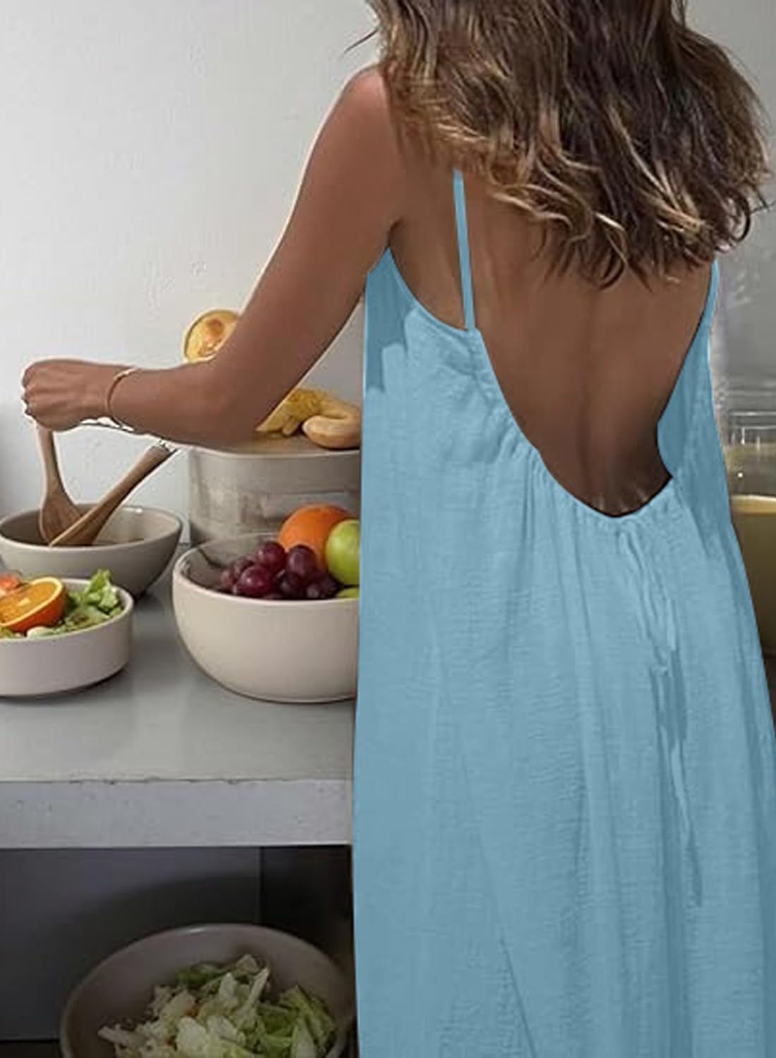 ABINGOO Robe D’été Femme Longue Dos Nu Caraco en Col Rond Ample Robes | Décontractée Sans Manches Couleur Unie Spaghetti Fluide Plage Robe avec Cordon Ajustable