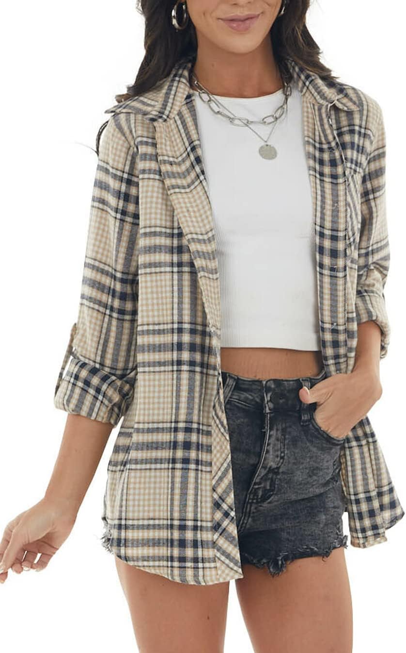 NUOREEL Women’s Plaid Flannel Button Down Shirt Long Sleeve Casual Blouse Top with Pocket