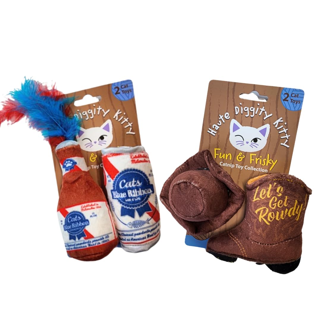 Haute Diggity Kitty Juego de cinta azul para gatos + gatito vaquero, juguetes de peluche para gatos rellenos de sonido crujido interactivo, juguetes seguros y duraderos para gatos y gatitos, 4 piezas