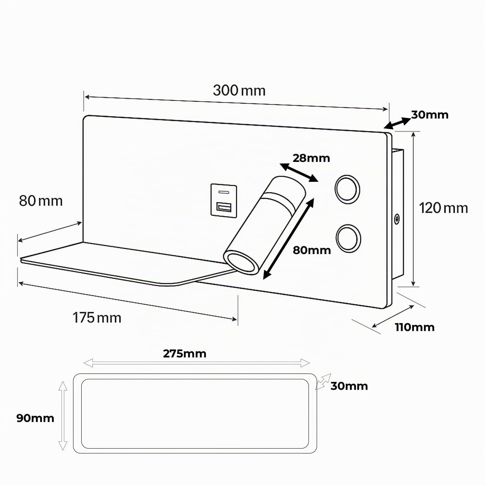 Alpinaluz Aplique de Pared con Foco Derecho, Luz LED de Lectura y Ambiente 2700K, USB-C y USB-A, Repisa para Móvil, Acero con Acabado Madera Clara, Doble Interruptor para Dormitorio Cabecero