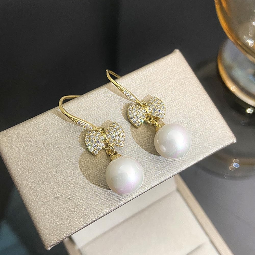 MIKAMU 14K Gold Ribbon Bow Stud Earrings for Women CZ cubic zirconia Gold Plated Pearl Earring for Women Jewelry - Image 5