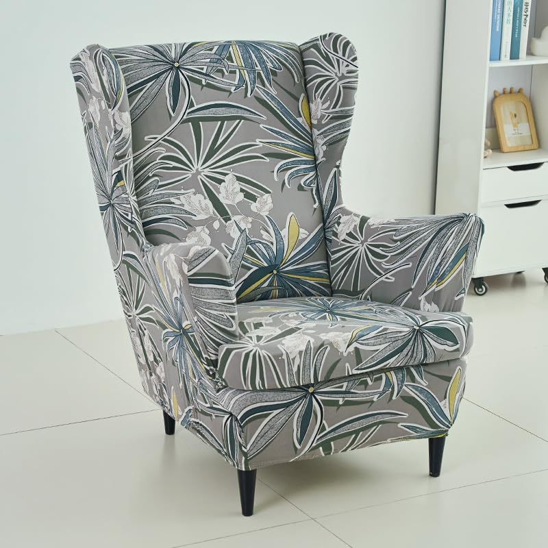 Image of HOKIPO Polyester Blend 140 GSM Stretchable Wing Chair Cover, Frost Grey Marginata (AR-5135-D7)