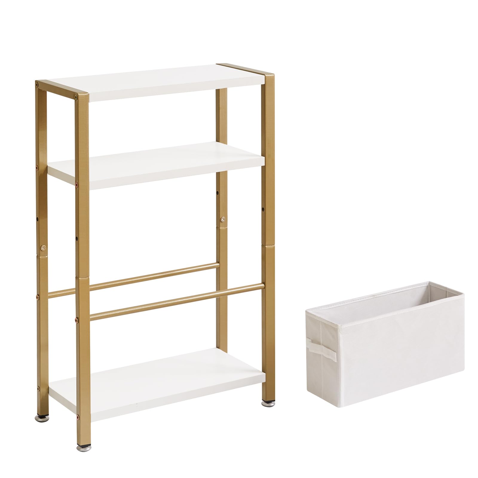 Aibiju Table D'appoint Étroite, Table D'appoint Fine à 3 Niveaux avec Panier en Tissu, Table de Canapé Moderne pour Espaces Étroits et Petits, avec Cadre en Métal Doré, Blanc YD-TM052J
