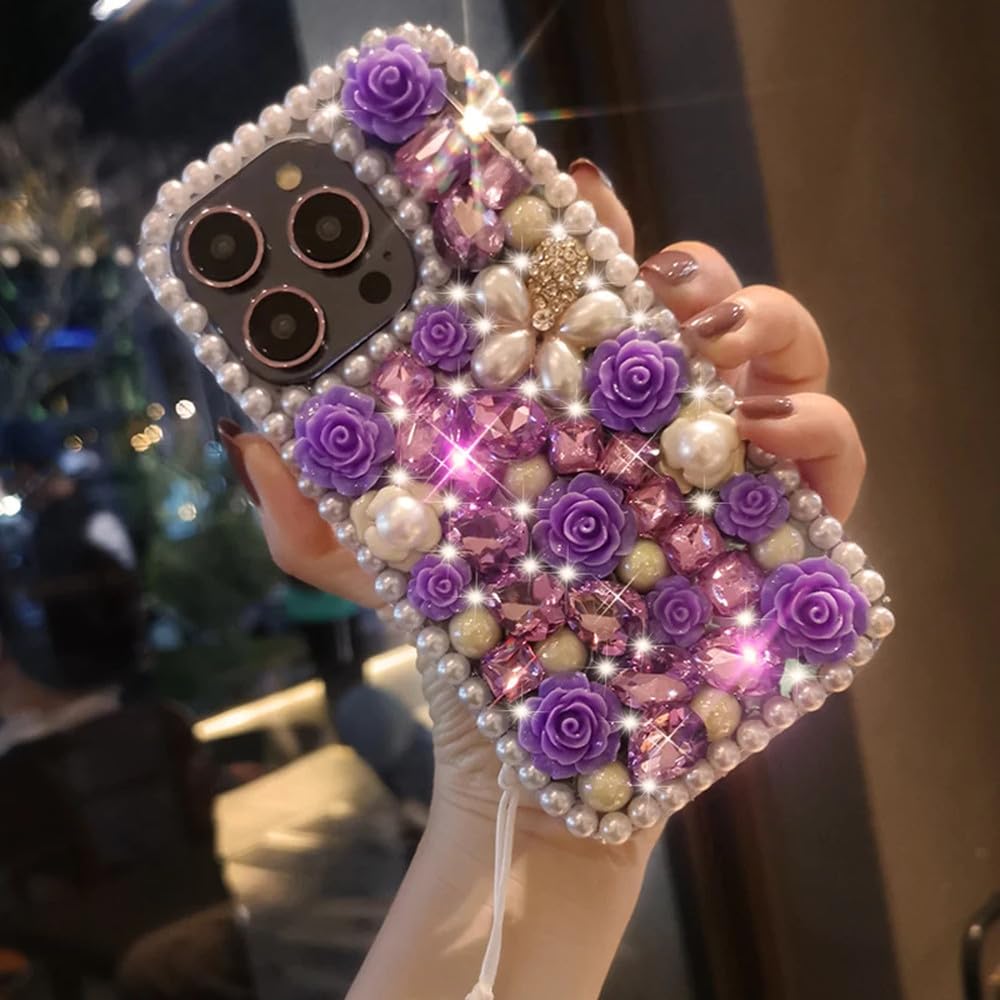 Custodia per telefono con fiore di perle di diamanti adatta per iPhone 15 14 Pro Max 13 12 11 X XR XS 8 Custodia con braccialetto trasparente a forma di fiore, viola, per iPhone 12Pro Max