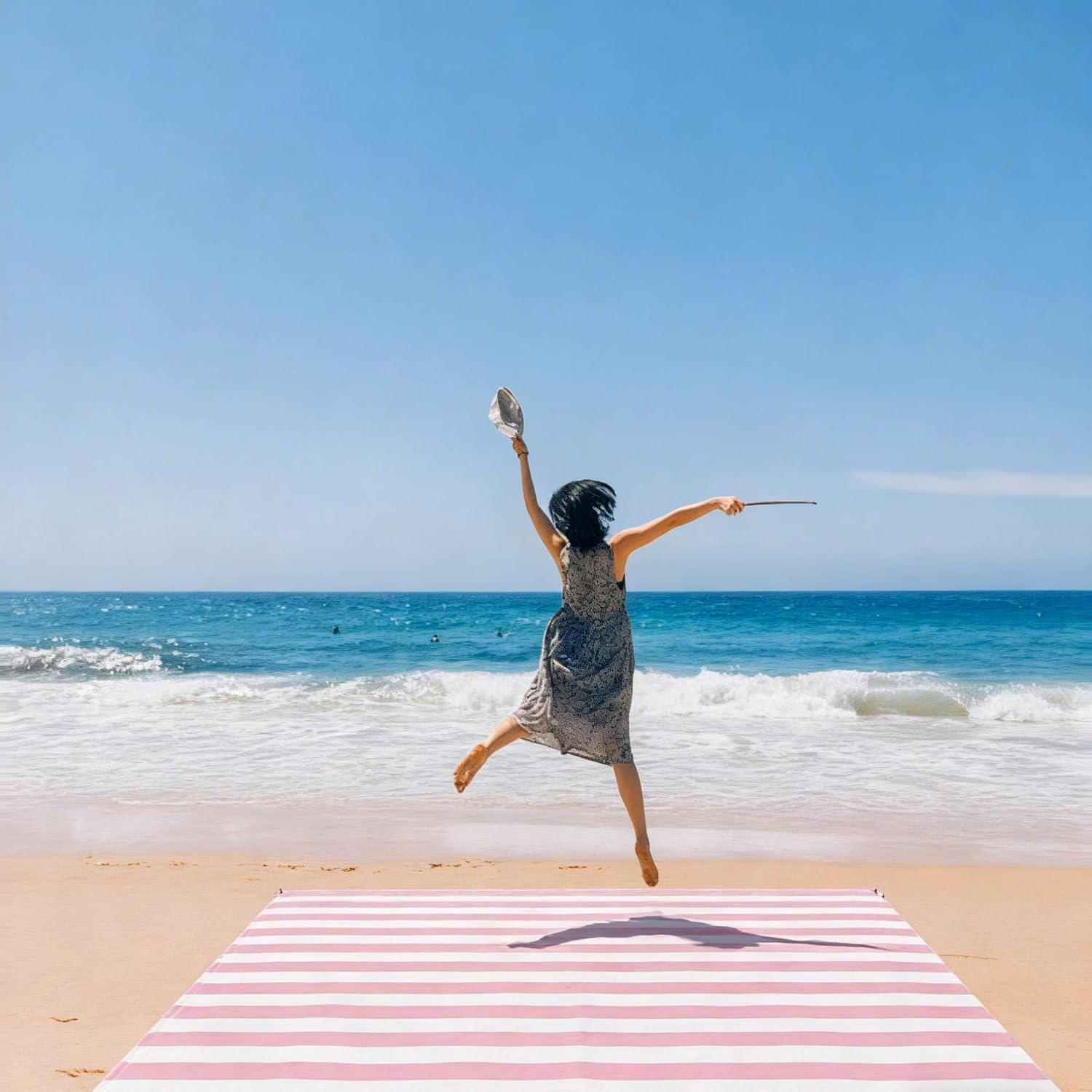 Beach Blanket Waterproof Sandproof, Large 78''×86'' Picnic Blankets for 2-4 Adults with Stakes, Sand Free Compact Pocket Beach Mat, Beach Essentials Necessities Accessories Must Haves-Pink Stripe image 2
