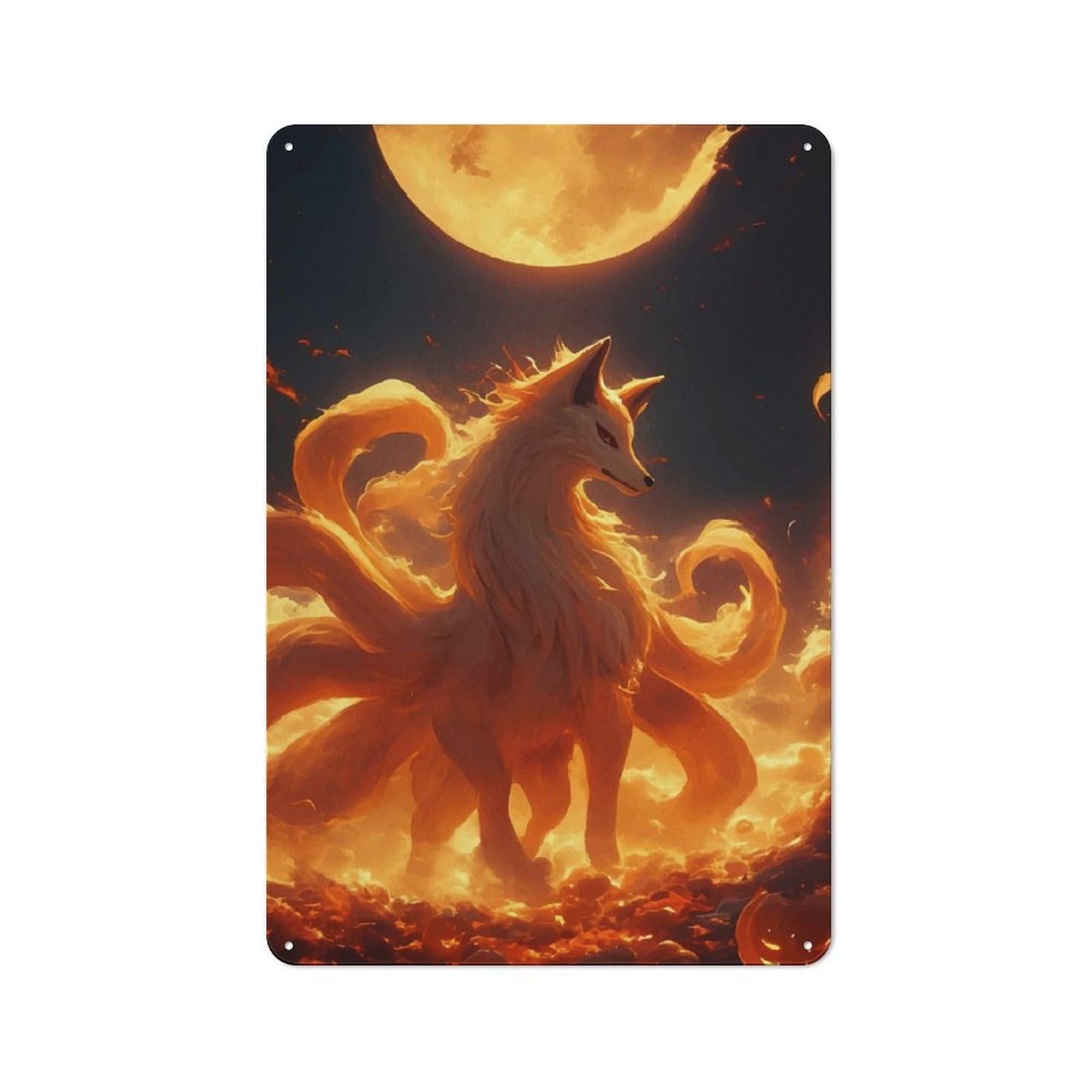Junmoney Style-8 Tin Wall Plaque 30X20cm With Nine-Tailed Full Moon For Pub Or Café, For Hospitality Wall Decor Collectors