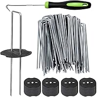 Bakulyor 50 Pack 6 Inch Heavy Duty Landscape Staples with 50 Gaskets & Pick Hook - 11 Gauge Galvanized U-Shaped Pins for Weed Barrier, Sod & Fabric