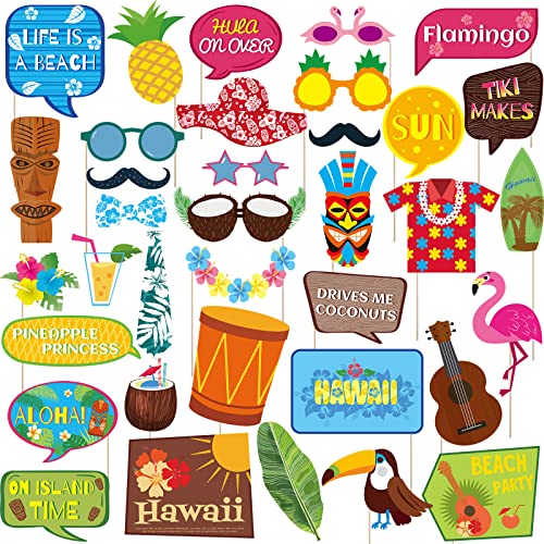 36 Pieces Luau Party Supplies Hawaiian Luau Photo Booth Props Aloha Tropical Tiki Party Photo Booth Props Summer Beach Party Decoration #TOP23