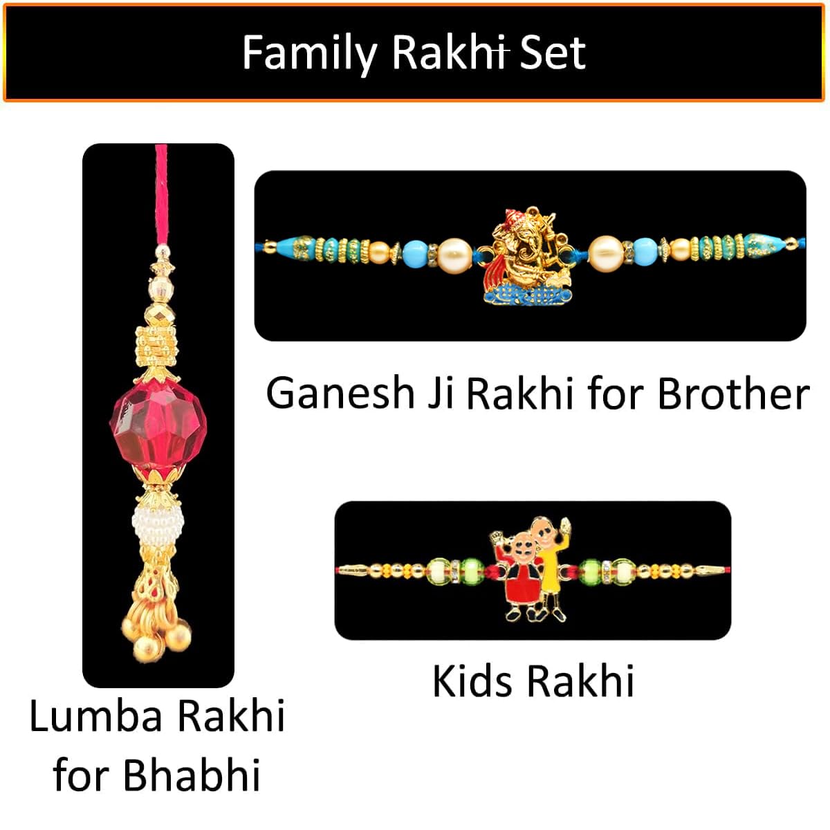 Saugat Traders Designer Family Rakhi Combo Set of 3 for Brother Bhaiya and Brother Kids Handmade Traditional Rakhi with Roli Chawal and Chopra Jaipuri Stone Rakhee - Image 3 thumbnail