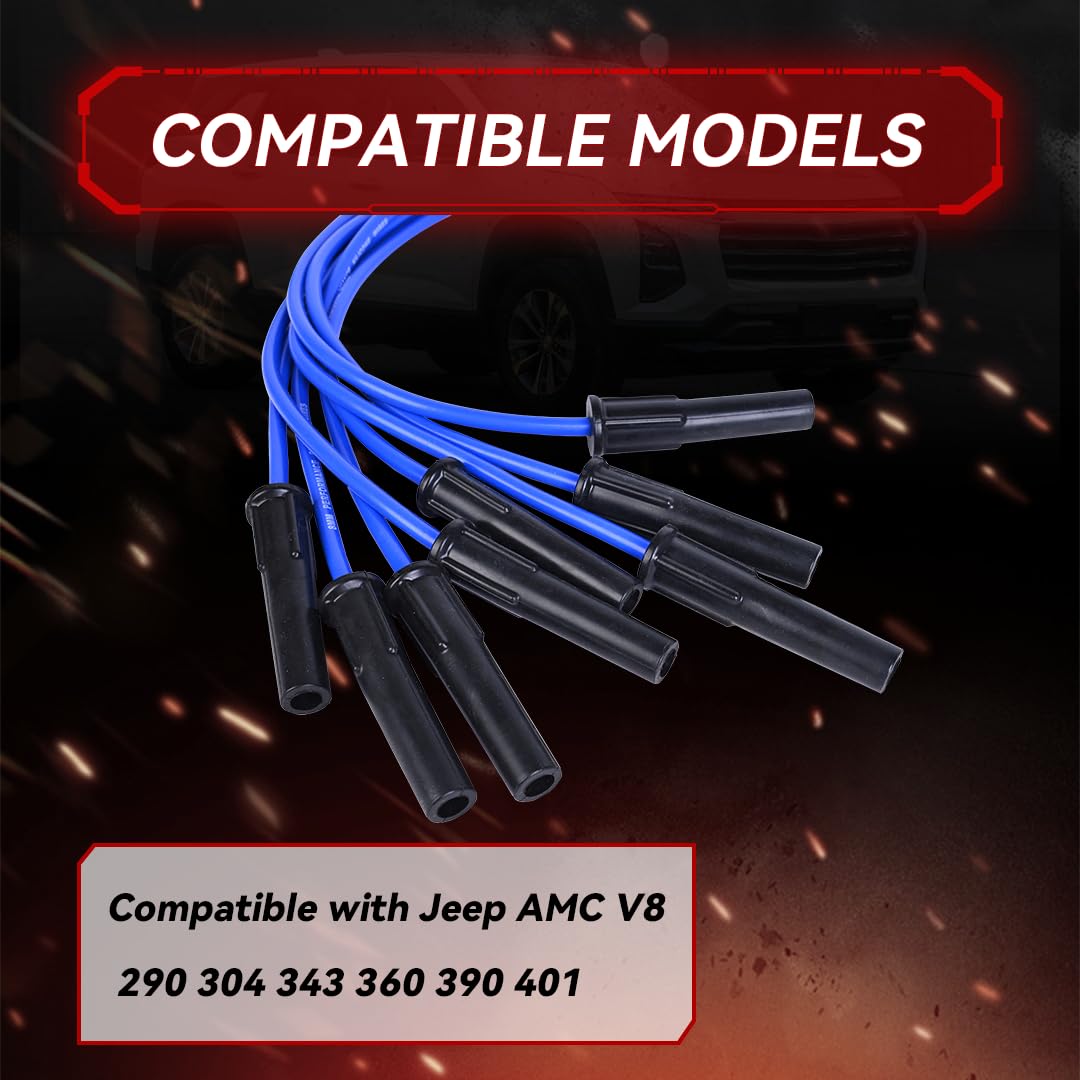 RLP Silicone Spark Plug Wires Set 8.0mm Blue Compatible with Jeep AMC V8 290 304 343 360 390 401 HEI Distributor Valve Cover Wires